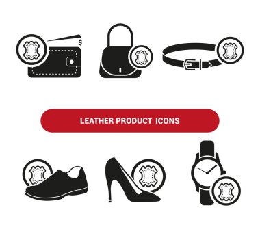 Vektör görüntüsü. Deri nesneler simgeleri. Erkek ve kadın ayakkabısı ikonu, bir çanta, bir kemer, bir saat kayışı ve deri bir cüzdan..
