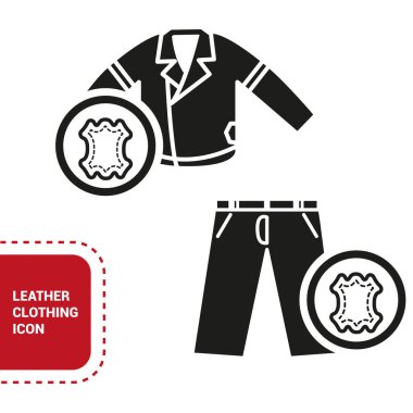 Vektör görüntüsü. Deri giyim ikonları. Deri ceket ve pantolon..
