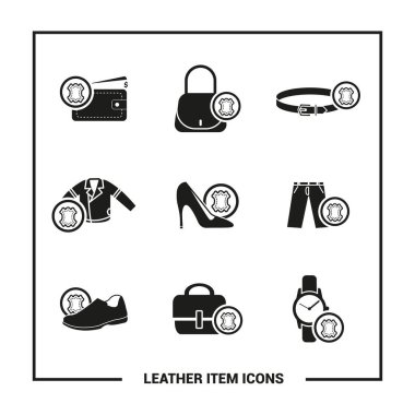 Vektör görüntüsü. Deri nesneler simgeleri. Erkek ve kadın ayakkabısı, çanta, kemer, ceket, pantolon, çanta, saat kayışı ve deri cüzdan..