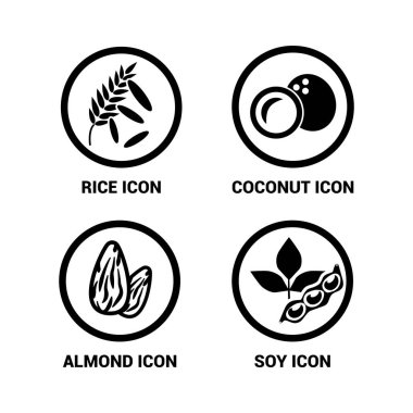Vektör görüntüsü. Yemek ikonları. Soya, badem, hindistan cevizi, pirinç ikonu.