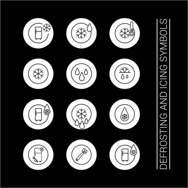 Vektör simgesi. Erimiş ve donmuş semboller. Buzdolabı ve kar tanesi olan bir damla su. Satır simgesi.