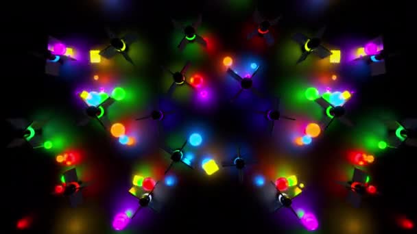 Falling neon colourful balls cubes bouncing from obstacles reflective background — Stock Video