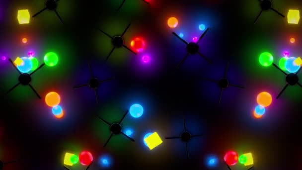 Colourful falling neon balls and cubes, bouncing from obstacles on background — Stock Video