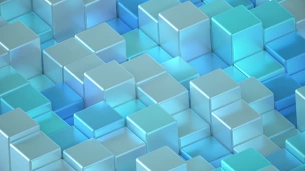 Azul cian Abstracto cubos metálicos fondo patrón de pared. Mapeo de proyección 3D — Vídeo de stock