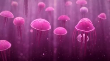 Magenta Denizanası denizanası derin okyanus akvaryumu 4k döngüsünde huzur içinde yüzüyor.
