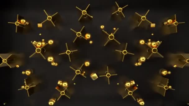 Falling neon balls and cubes, bouncing from obstacles on reflective background — Stock Video