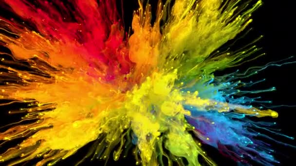Χρώμα ριζωμένο ιριδίζον πολύχρωμο ουράνιο τόξο σκόνη έκρηξη ρευστών σωματιδίων μελάνης — Αρχείο Βίντεο