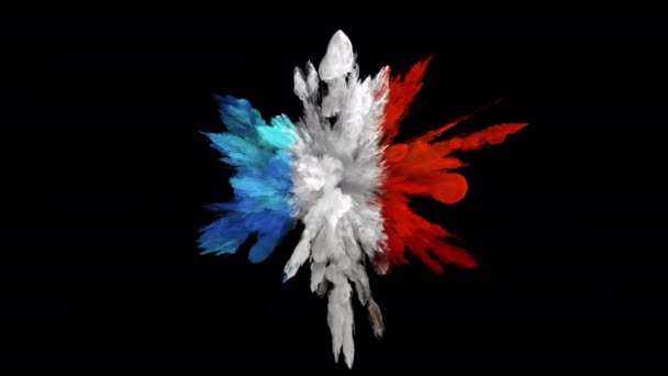 Explosão de fumaça colorida partículas de tinta de explosão em pó formando bandeira da França alfa — Vídeo de Stock