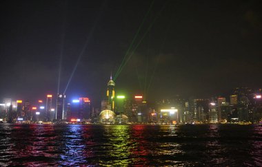 Çin, Hong Kong, gece manzarası, ışıklar.