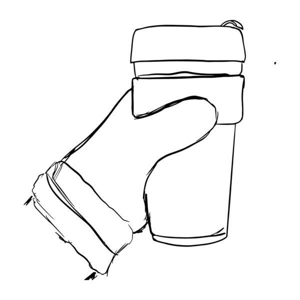 Eldivendeki el çizimi termo bardak içeriyor.