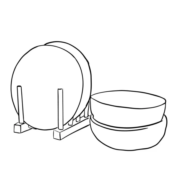Контурный эскиз изолированных тарелок и чаш — стоковый вектор