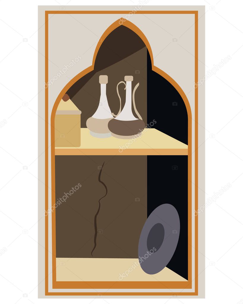 Vector Illustration - Collection of wine and grapes in Tuscany in the Middle Ages. Illustration is made in the style of Flat: flat color and limited palette. Shown here is a stone cabinet containing wine decanters and a silver plate.