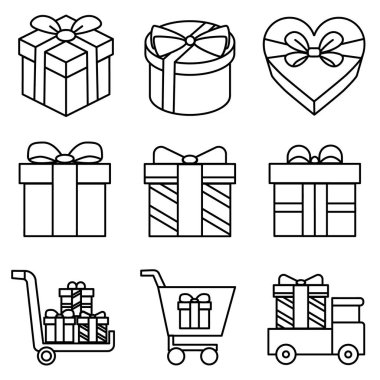 Hediye kutusu simgeleri. Kurdele yaylı paket. Basit düz çizim. Beyaz arkaplanda izole edilmiş vektör eps10