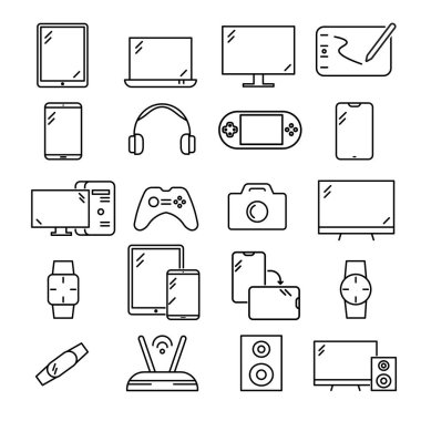 Aygıt ve Elektronik simgeleri ayarlandı. Beyaz arka planda izole edilmiş. Basit düz vektör. Eps10 sembolü