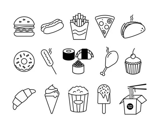 Set Icone Fast Food Pittogrammi Web Ictus Isolato Sfondo Bianco — Vettoriale Stock
