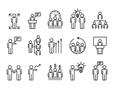 İş adamı düz ikon seti. Ağ için piktogram. Çizgi vuruş. Beyaz arka planda izole edilmiş. Vektör E10. Bir grup insan iş yerinde iletişim kuruyor. Başarı örgütü