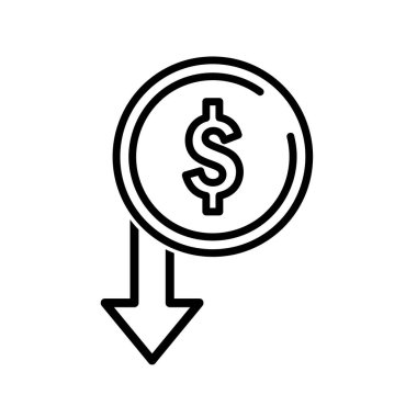 Dolar işaretli bozuk para ve düz ok simgesi. Ağ için piktogram. Çizgi vuruş. Beyaz arka planda izole edilmiş. Vektör Eps10
