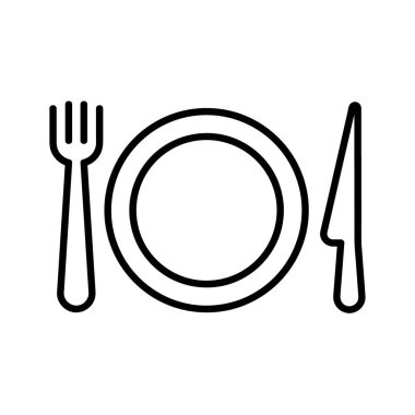 Çatal, tabak ve bıçak yassı ikon. Ağ için piktogram. Çizgi vuruş. Beyaz arka planda izole edilmiş. Vektör Eps10