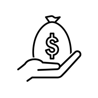 Bir çanta dolusu dolarla el, düz bir ikon. Ağ için piktogram. Çizgi vuruş. Beyaz arka planda izole edilmiş. Vektör Eps10