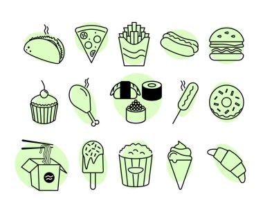 Fast food ikonu seti. Ağ için piktogram. Çizgi vuruş. Beyaz arka planda izole edilmiş. Vektör Eps10