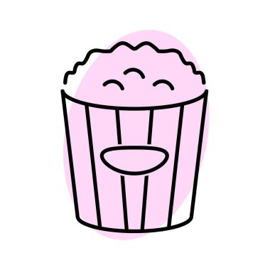 Düz film ikonu için patlamış mısır. Ağ için piktogram. Çizgi vuruş. Beyaz arka planda izole edilmiş. Vektör Eps10