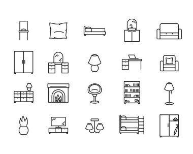 Masa ve defter düz simgesi. Ağ için piktogram. Çizgi vuruş. Beyaz arka planda izole edilmiş. Taslak vektör eps10