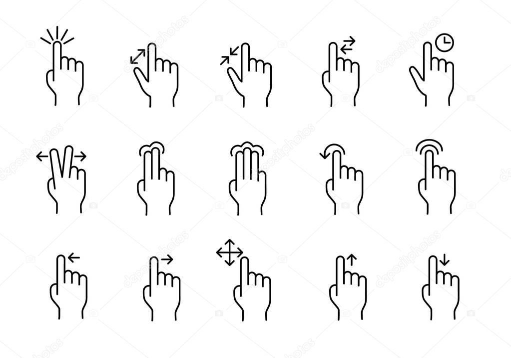 Swipe and scroll flat icon set. Touch, press, tap and hold on device screen pictograms for web. Line stroke. Isolated on white background. Outline vector eps10