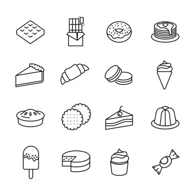 Tatlı ikonlarının ikonu. Web için pastane yemek fotoğrafı. Çizgi vuruş. Beyaz arka planda izole edilmiş tatlı kekler. Taslak vektör eps10