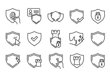 Bir dizi düz savunma ikonu. Ağ için resim taramaları yapın. Çizgi vuruş. Beyaz arka planda izole edilmiş. Taslak vektör eps10