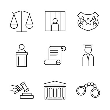 Kanun tasarısı. Ağ için Yargıç Pictogram. Çizgi vuruş. Beyaz arkaplanda adliye simgeleri izole edildi. Taslak vektör eps10