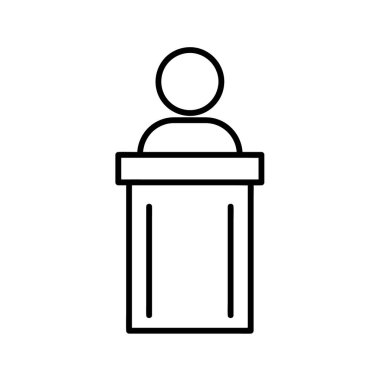 Sözcü semineri ikonu. İnternetin resmi. Çizgi vuruş. Beyaz arka planda izole edilmiş. Taslak vektör eps10