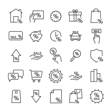 İndirim simgeleri. İnternet için resim taslağı satışı grubu. Çizgi vuruş. Beyaz arka planda izole edilmiş. Vektör Eps10