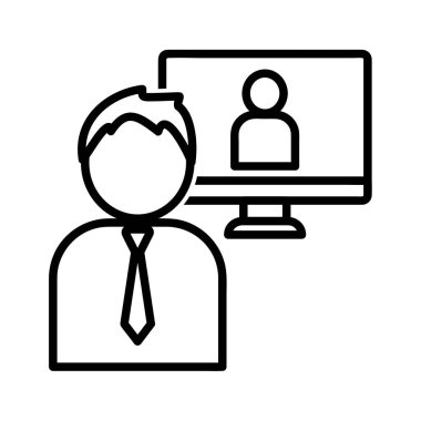 Uzaktan çalışma simgesi. İnternette çalışan iki adam. Ağ için düz resim. Çizgi vuruş. Beyaz arka planda izole edilmiş. Ana vektör epinefrin. Evde internet iletişimi