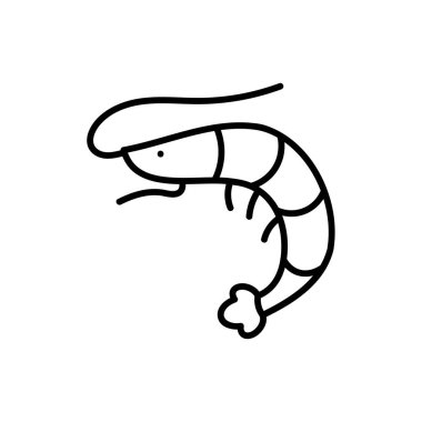 Karides ikonu. Ağ için deniz mahsulleri düz resim. Çizgi vuruş. Beyaz arka planda izole edilmiş. Taslak vektör eps10