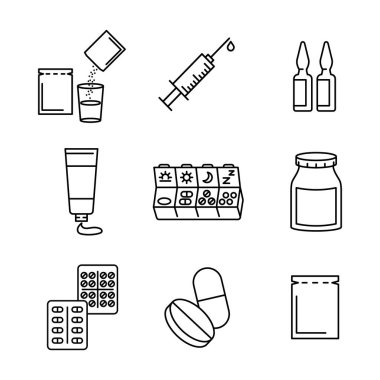Tıbbi malzeme düz simge seti hazırlıyor. Ağ için piktogram. Çizgi vuruş. Beyaz arka planda izole edilmiş. Vektör E10. Sağlık hizmetleri için hazırlıklar
