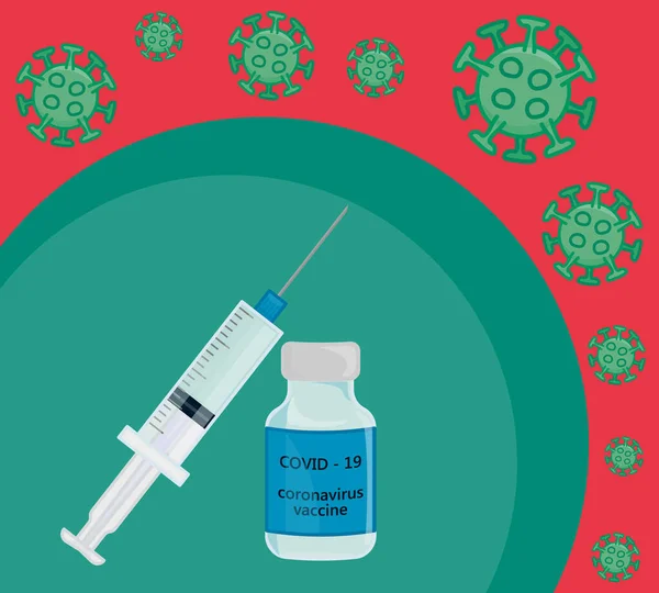 Platte Illustratie Van Vaccinatie Injectiespuit Ampul Vith Vaccin Tegen Covid — Stockvector