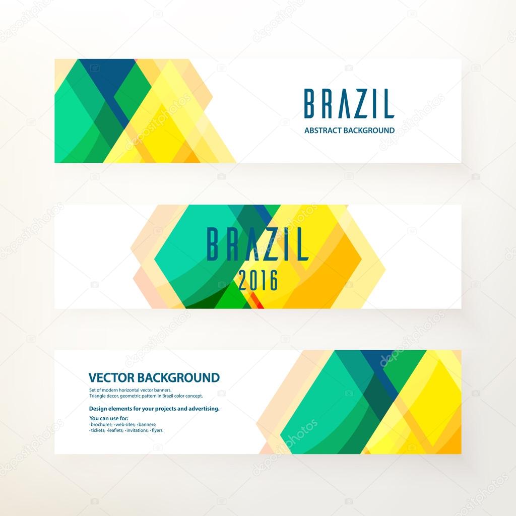 Set of modern horizontal vector banners. Triangle decor, geometric pattern in Brazil color concept. Design elements for your project and advertising. Concept brochure, web site, flyer, banner, ticket