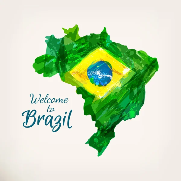Acuarela dibujada a mano mapa brasileño. Bienvenido a Brasil — Archivo Imágenes Vectoriales