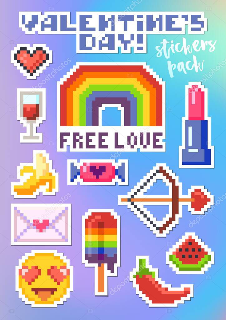 Set of stickers for Valentines Day. Pixel art.
