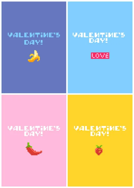 Karten für den Valentinstag mit Pixel-Symbolen. — Stockvektor