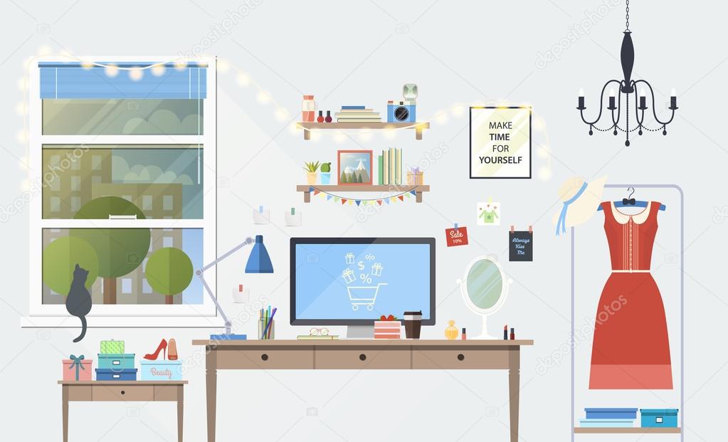 Vector illustration of modern girl workplace in room.