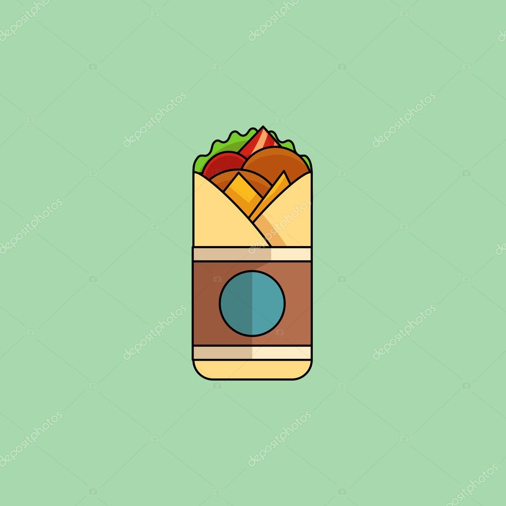 Cute cartoon Chicken Roll with salad, tomatoes, cutlet, cheese, ham. Minimalist line style, modern color, flat design. Mexican food thin line icon for web, mobile. Vector illustration, eps10