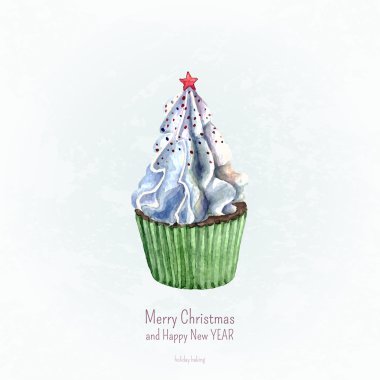Mavi zemin üzerine suluboya cupcake