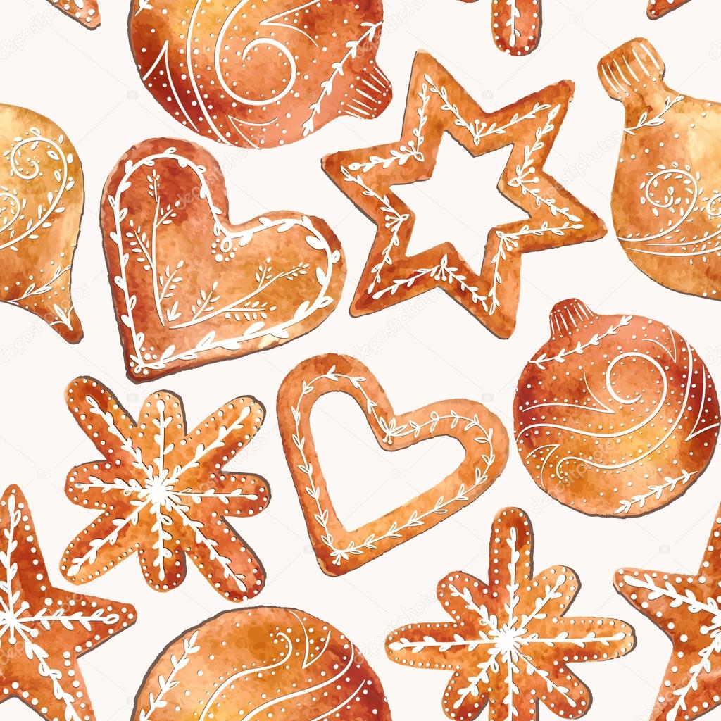 Seamless pattern of cute watercolor gingerbread.