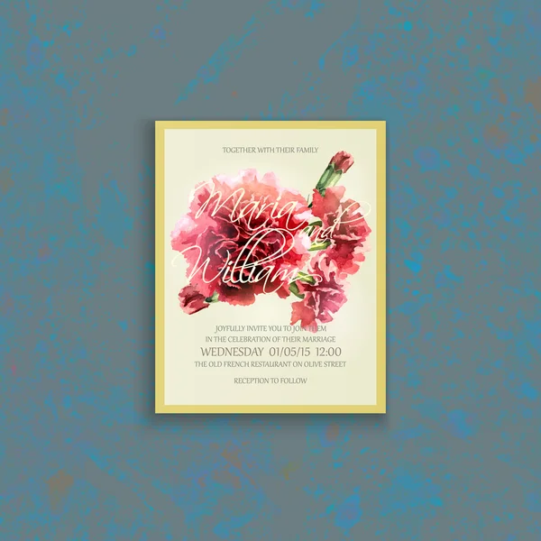 Carte de mariage d'invitation avec oeillet rouge aquarelle . — Image vectorielle