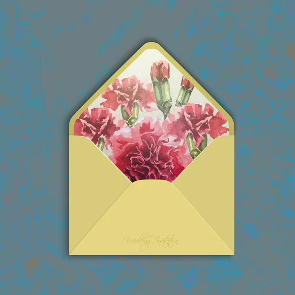カーネーションの花を水彩で招待状の封筒. — ストックベクタ