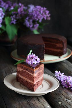 Çikolatalı kek parçası Lila ile dekore edilmiştir.