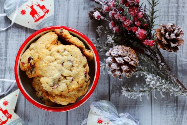 与干小红莓和白巧克力的自制圣诞饼干。 — 图库照片