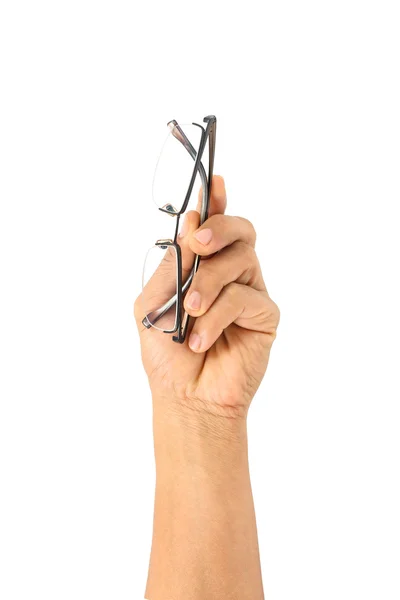 Gözlüklü bir adam tutar. Beyaz bir arka plan üzerinde.