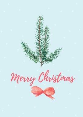 Elle boyanmış suluboya ladin dallı kırmızı fiyonklu Noel kartı..